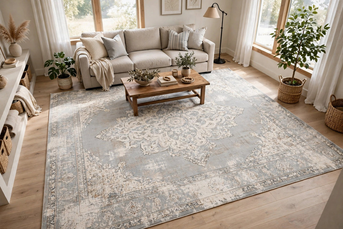 New World Rug Gallery Monaco 10' x 14' Area Rug in Gray — Traditional Distressed Medallion — Delivery Available