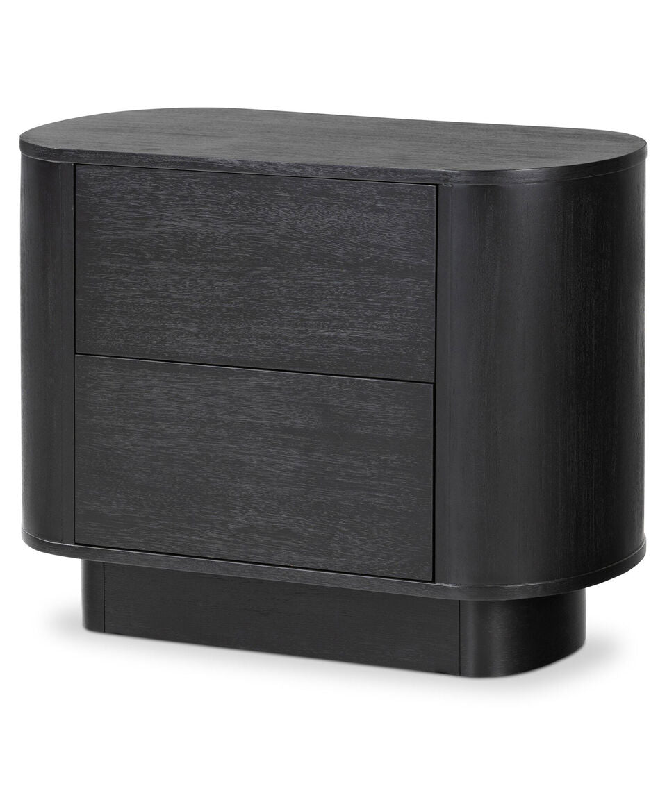 New Four Hands Paden Nightstand in Aged Black Acacia – 32″ Oval Nightstand – Delivery Available