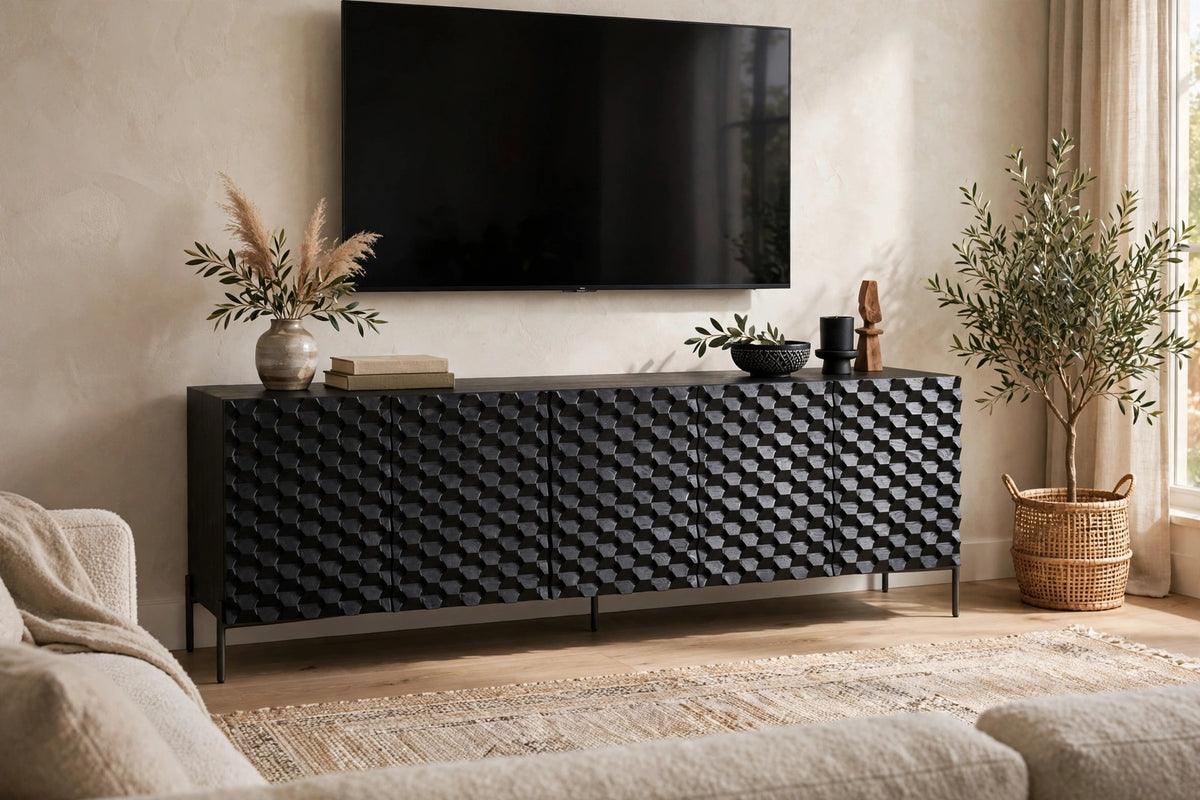 New Four Hands Raffael 82″ Media Console in Black Wash – Carved Honeycomb Front
