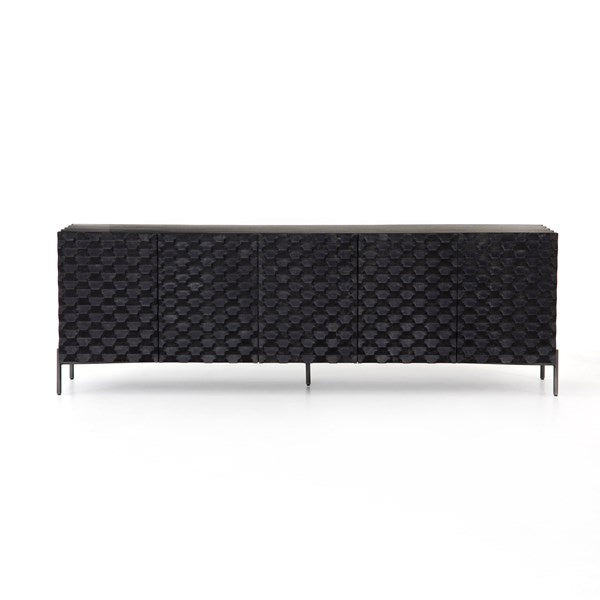 New Four Hands Raffael 82″ Media Console in Black Wash – Carved Honeycomb Front