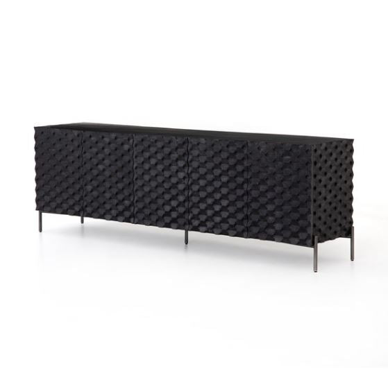 New Four Hands Raffael 82″ Media Console in Black Wash – Carved Honeycomb Front