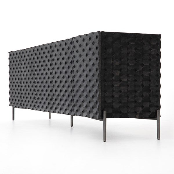 New Four Hands Raffael 82″ Media Console in Black Wash – Carved Honeycomb Front