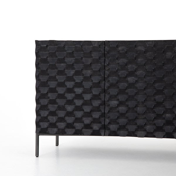 New Four Hands Raffael 82″ Media Console in Black Wash – Carved Honeycomb Front