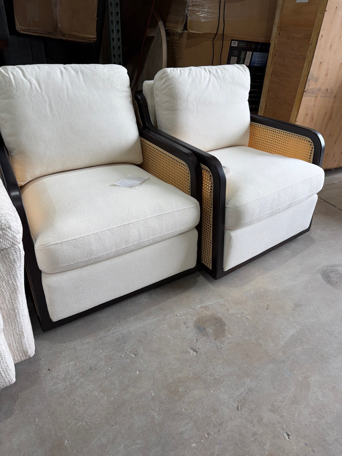 New Pair of Cream Bouclé Cane Accent Chairs — Dark Espresso Frame