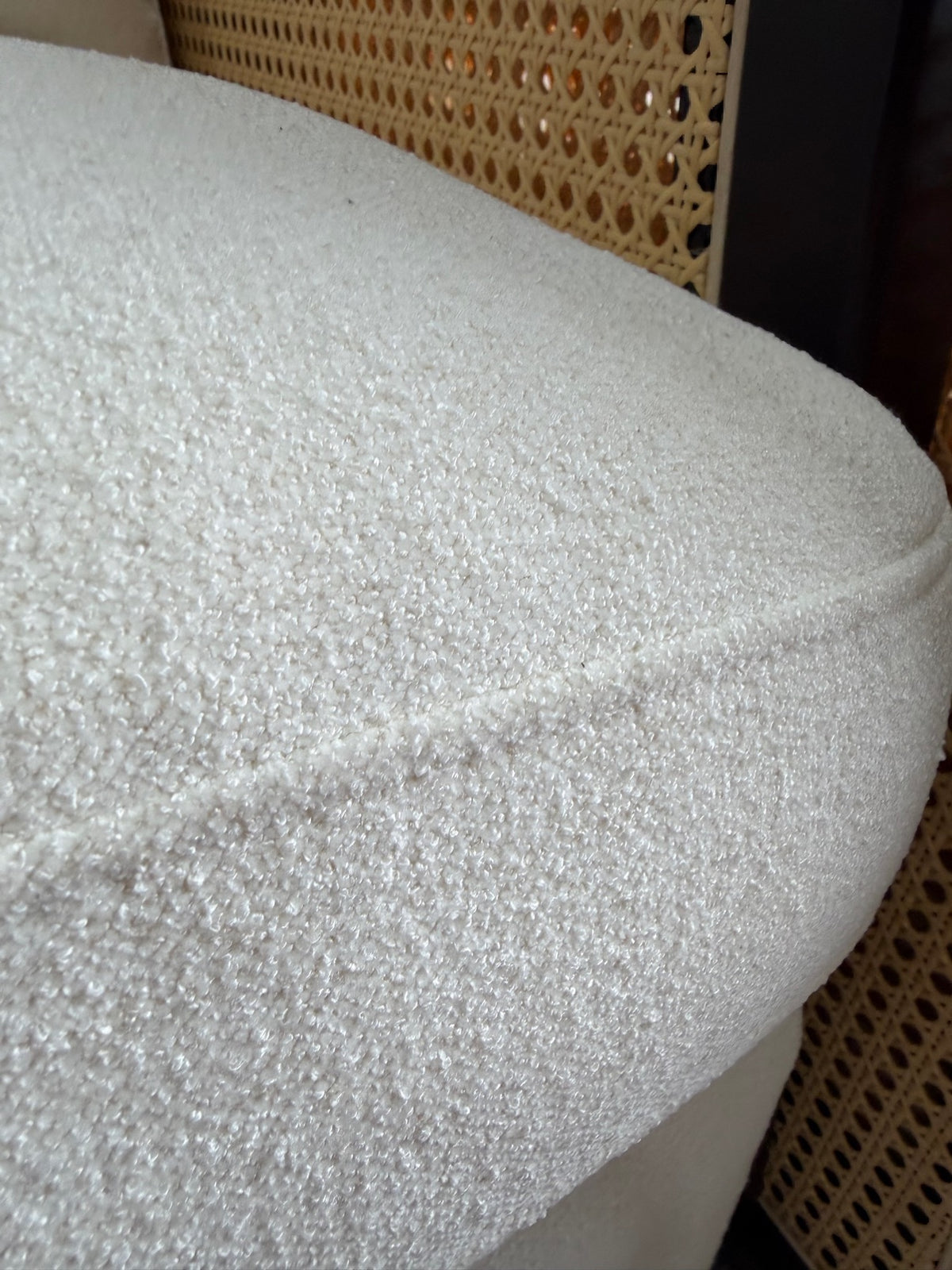 New Pair of Cream Bouclé Cane Accent Chairs — Dark Espresso Frame