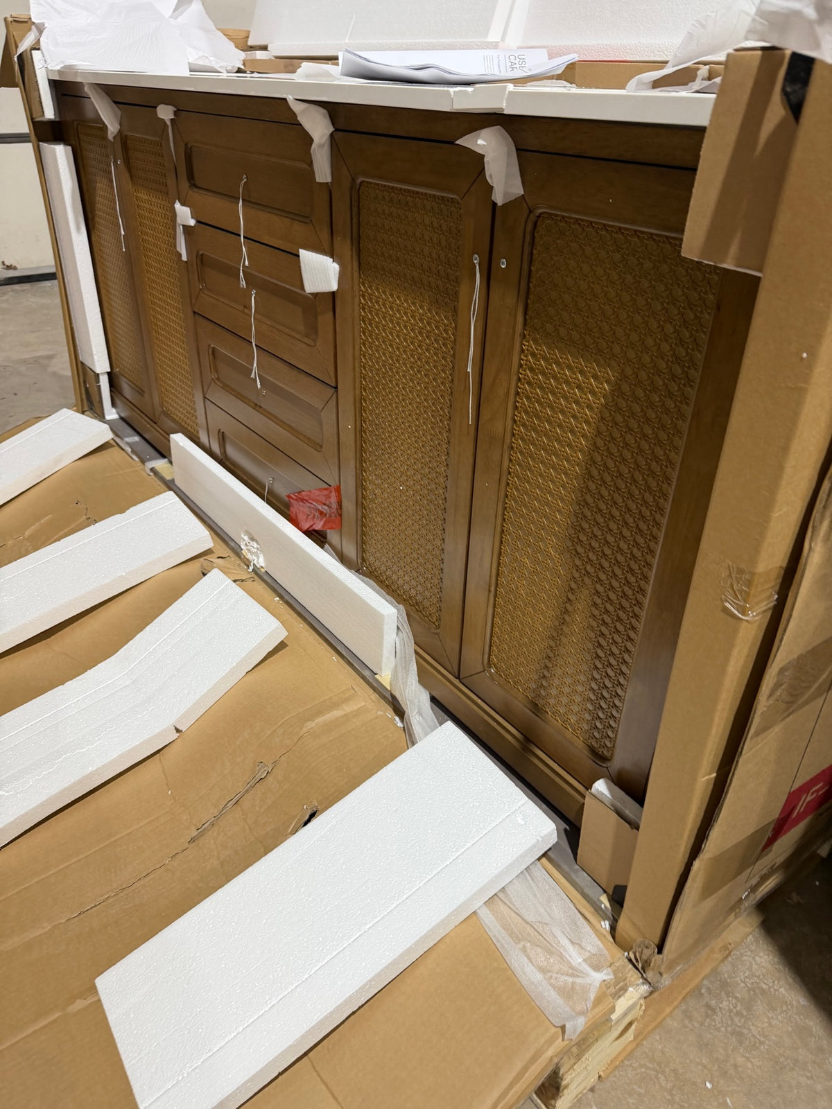 72″ Double Vanity in Medium Walnut – Open Box, Top Cracked, Cabinet in Great Condition