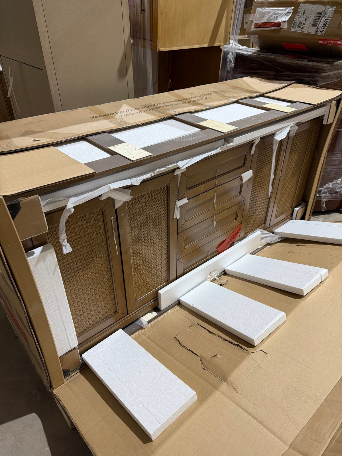 72″ Double Vanity in Medium Walnut – Open Box, Top Cracked, Cabinet in Great Condition