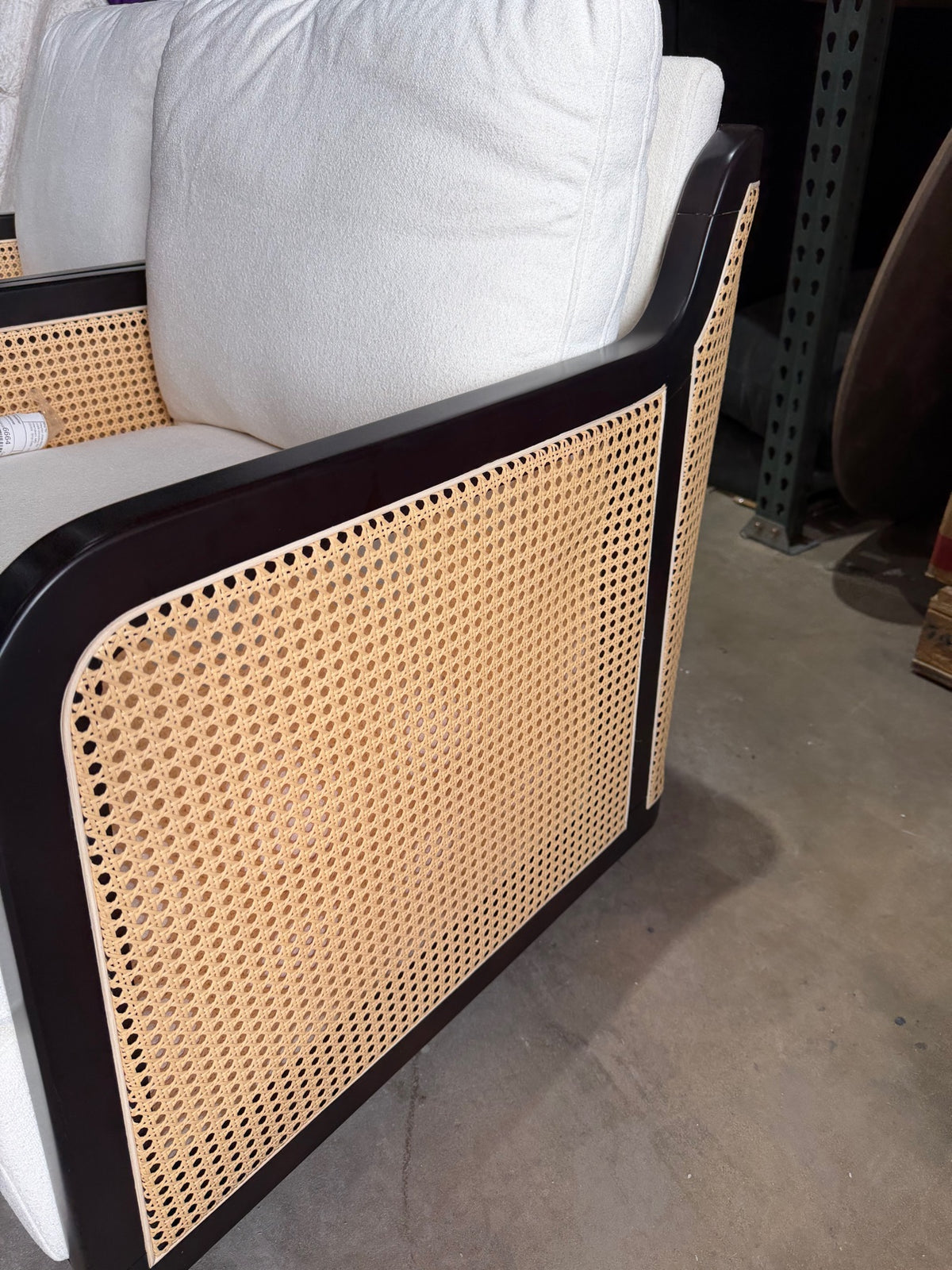 New Pair of Cream Bouclé Cane Accent Chairs — Dark Espresso Frame