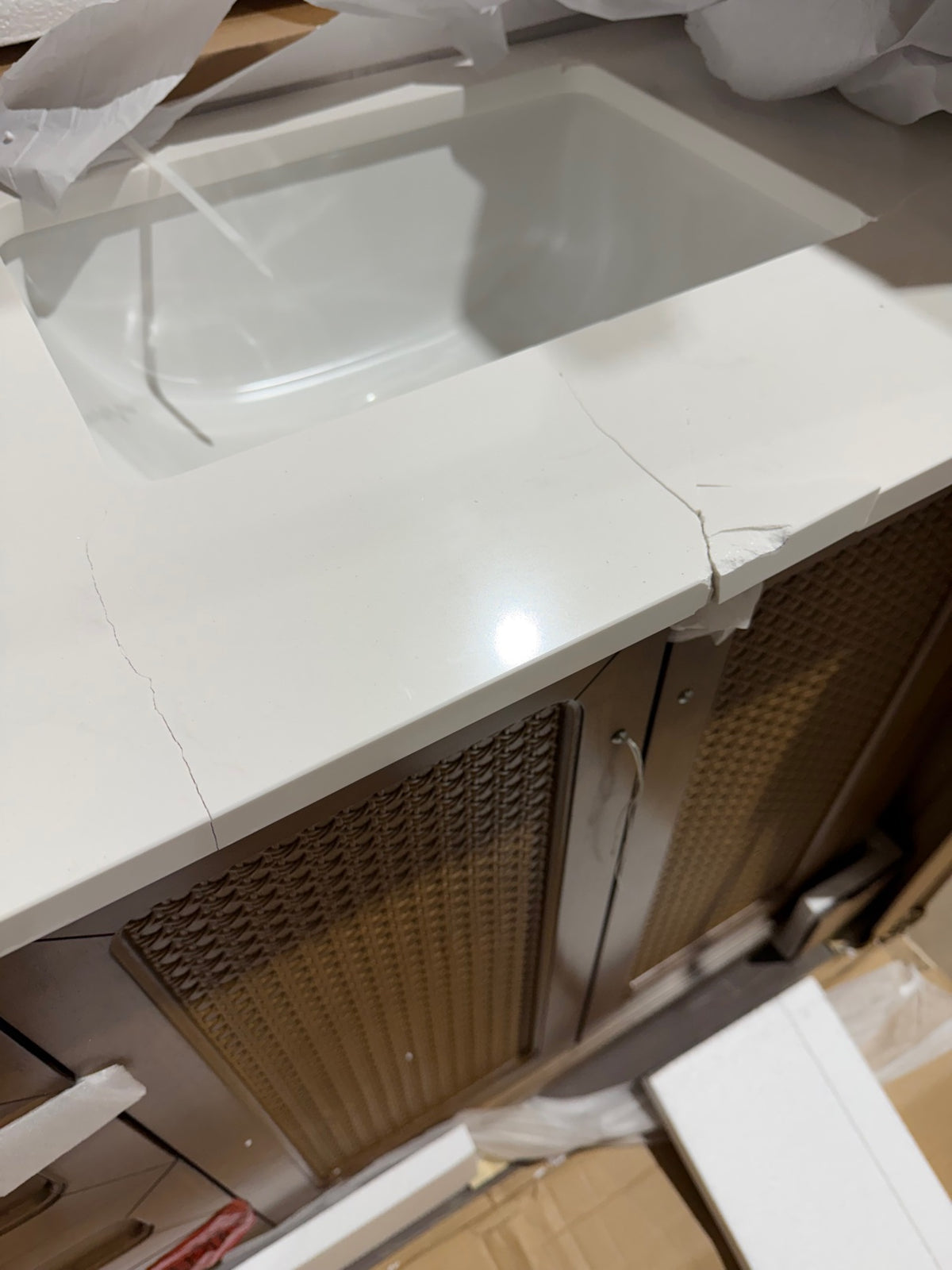 72″ Double Vanity in Medium Walnut – Open Box, Top Cracked, Cabinet in Great Condition