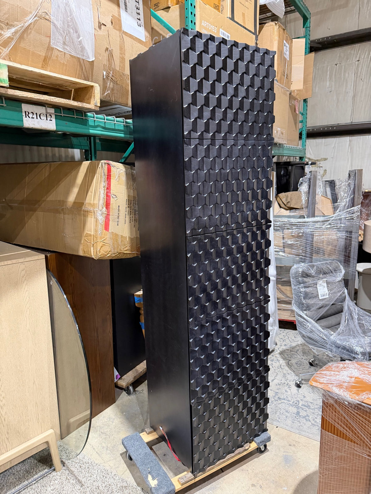 New Four Hands Raffael 82″ Media Console in Black Wash – Carved Honeycomb Front