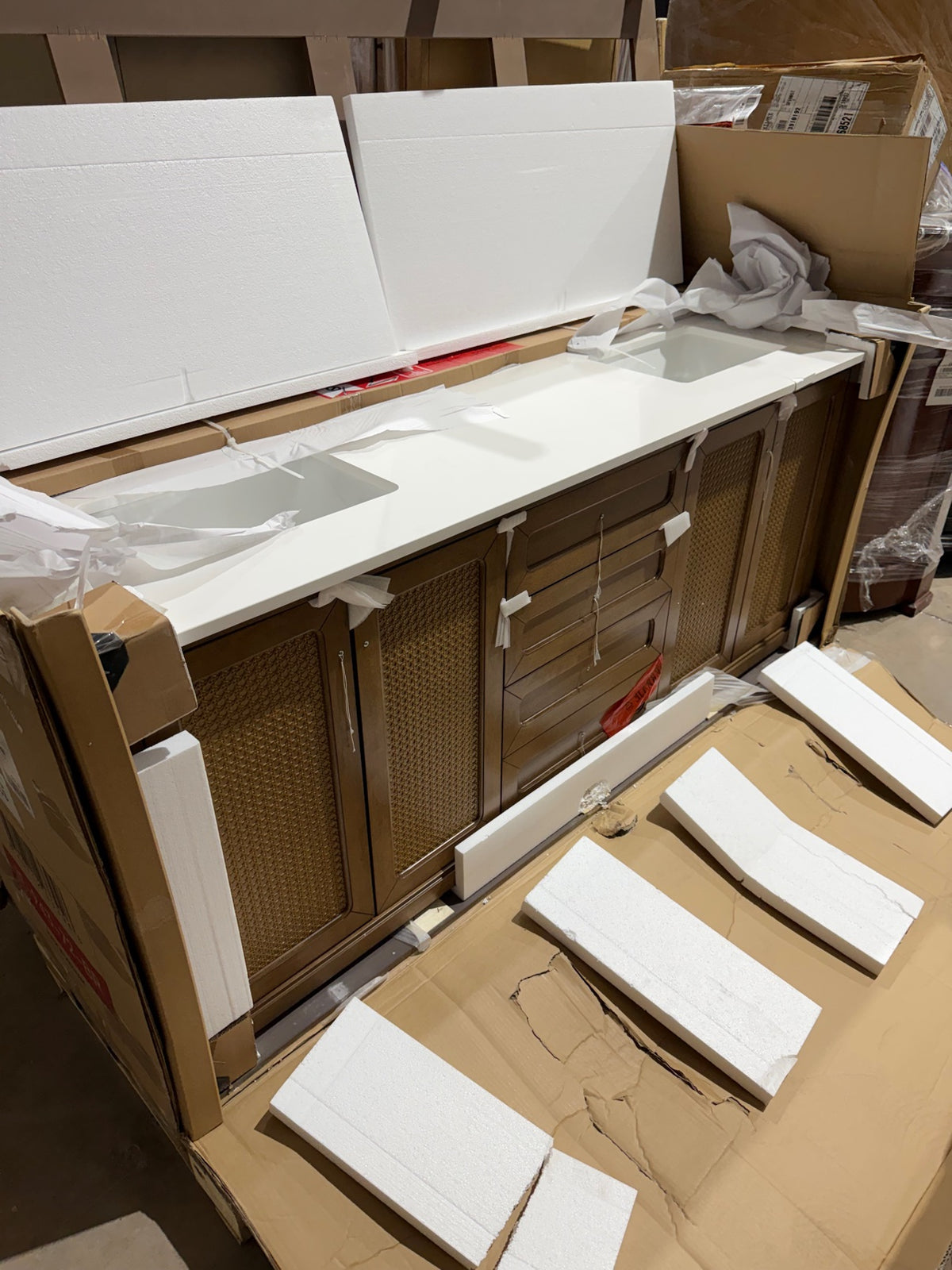 72″ Double Vanity in Medium Walnut – Open Box, Top Cracked, Cabinet in Great Condition