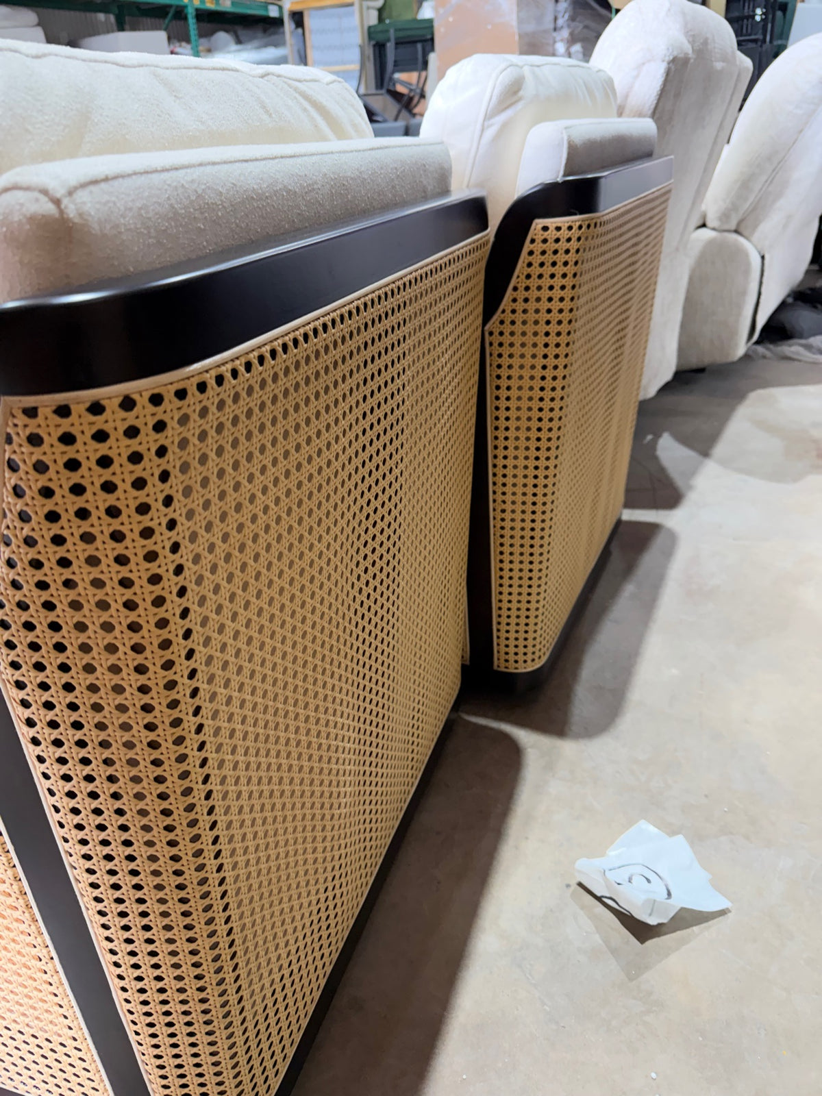 New Pair of Cream Bouclé Cane Accent Chairs — Dark Espresso Frame