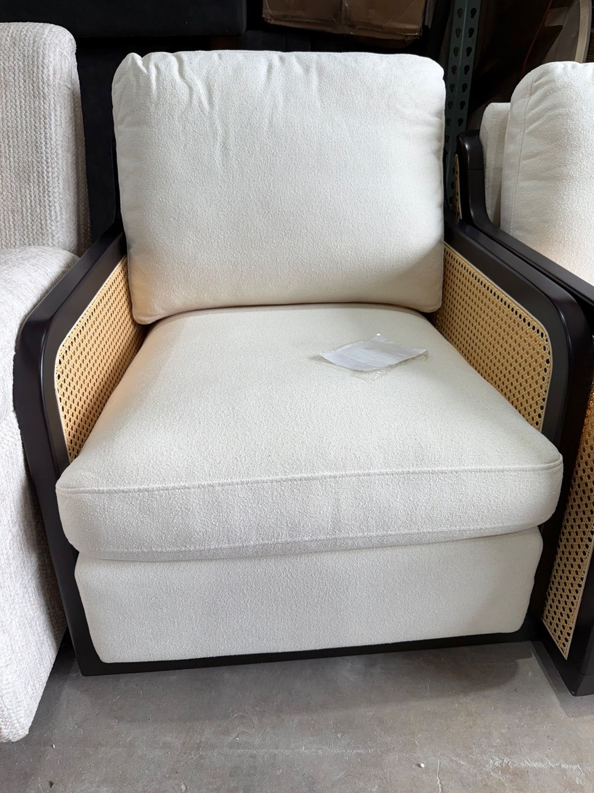 New Pair of Cream Bouclé Cane Accent Chairs — Dark Espresso Frame