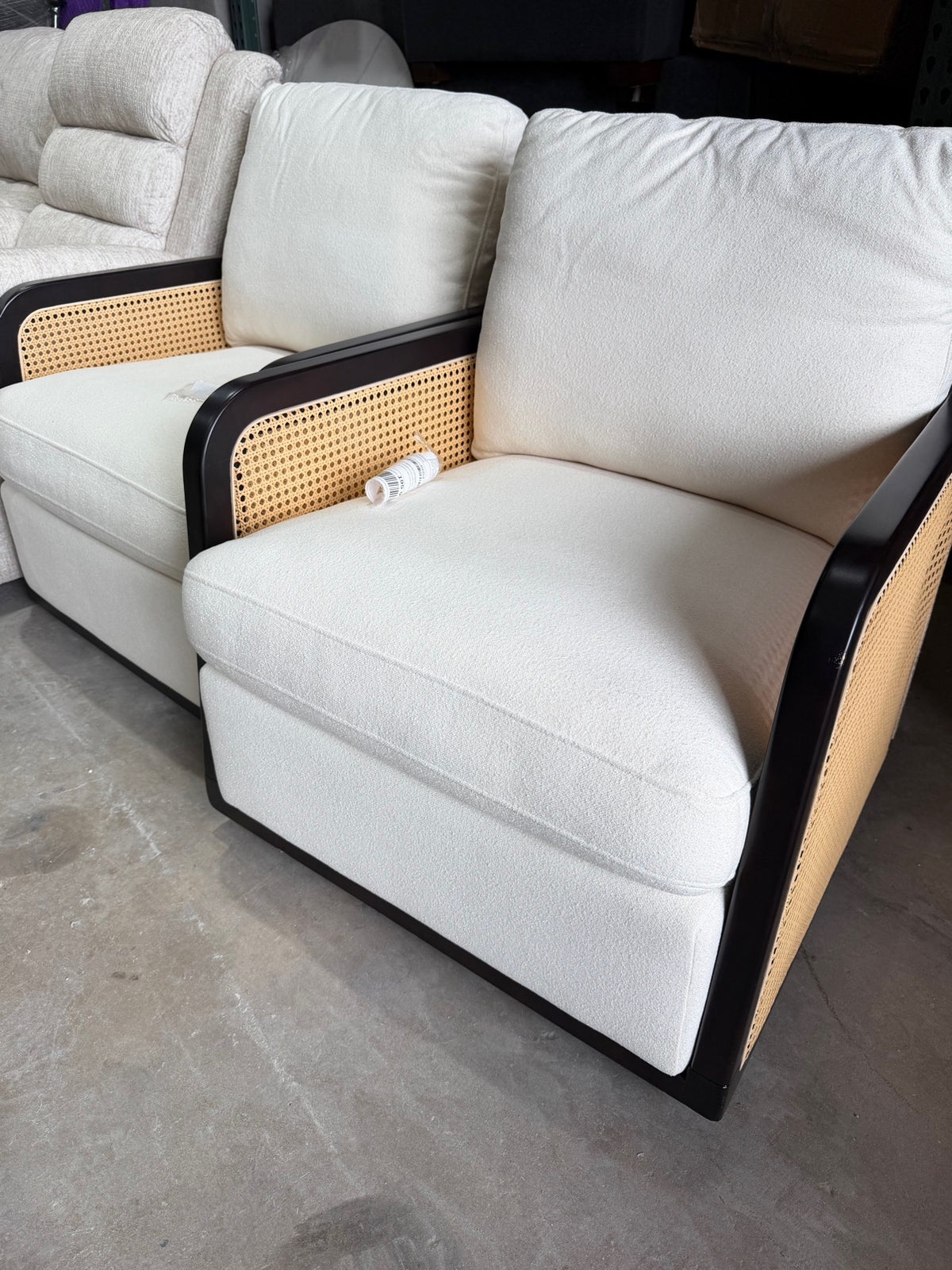 New Pair of Cream Bouclé Cane Accent Chairs — Dark Espresso Frame