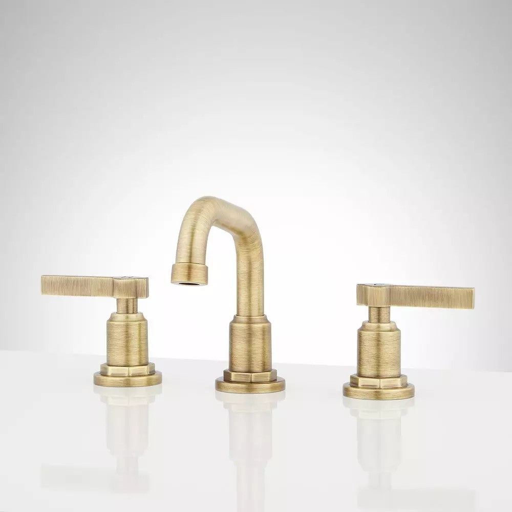 New Signature Hardware Greyfield Widespread Low Angled Bathroom Faucet – Aged Brass – $548.90 Retail – Delivery Available