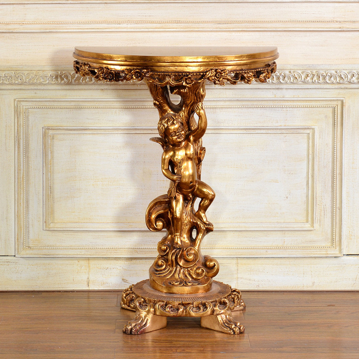 Infinity Furniture Import Aurora 26.57″ Demilune Console Table – Antique Gold – $1,411 Retail – Delivery Available