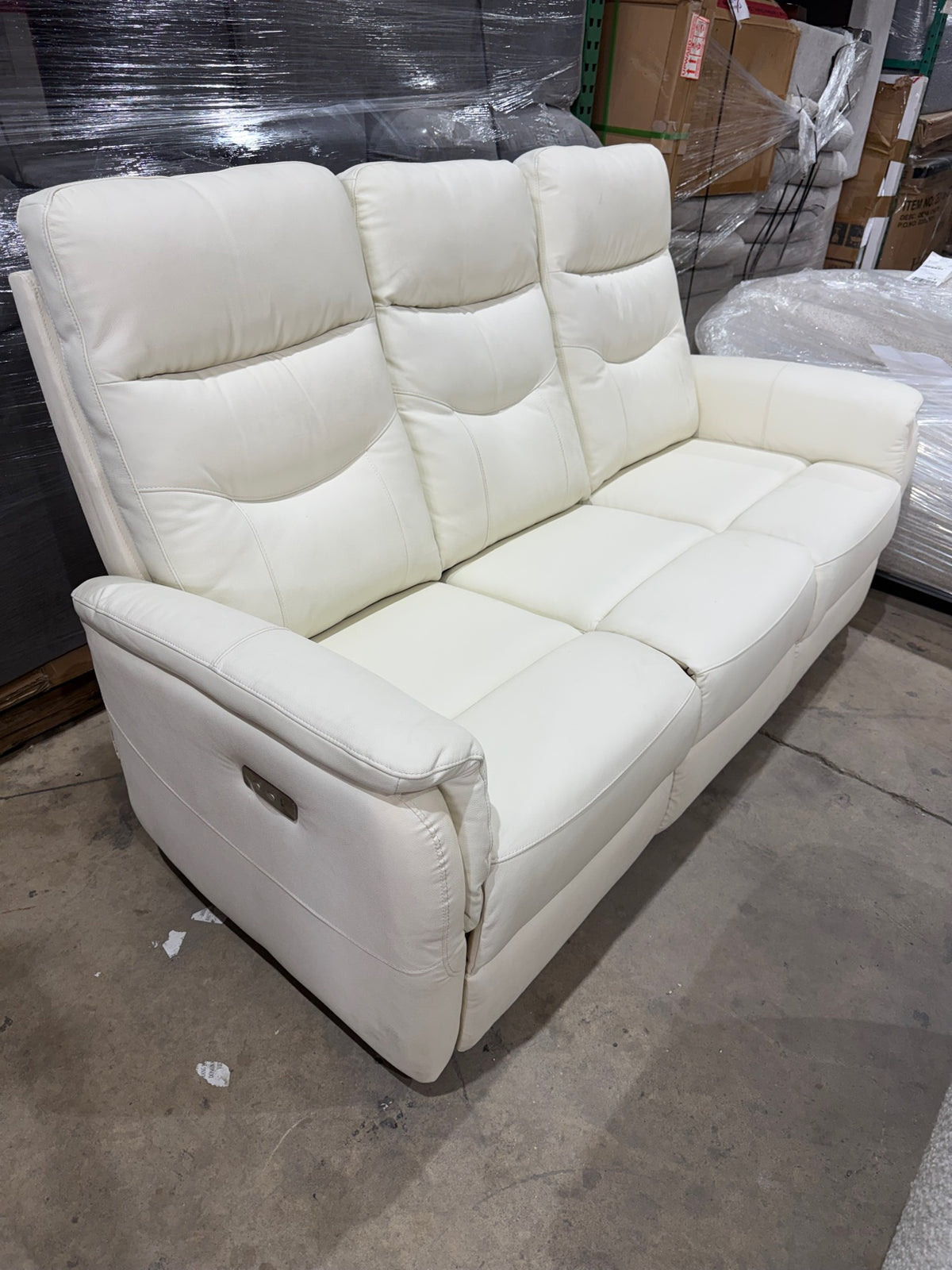 New Cream Leather 3-Seat Power Reclining Sofa — Dual Power Recliners with USB — Delivery Available